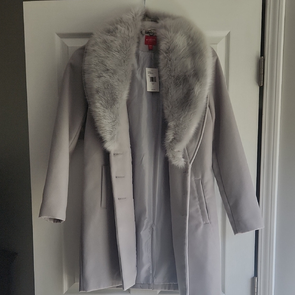 Guess Light Gray Trench Coat with Faux Fur Collar